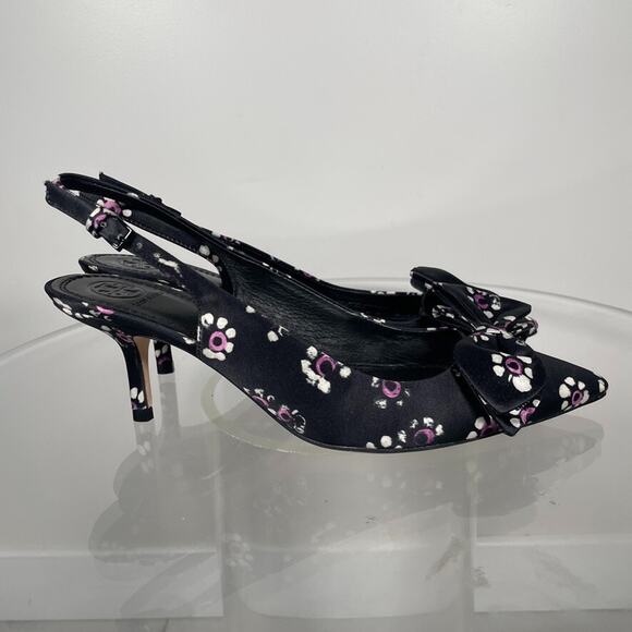 Tory Burch Size 8M Rosalind Satin Slingback Pump Black Floral Kitten Heel Bow - Picture 1 of 11
